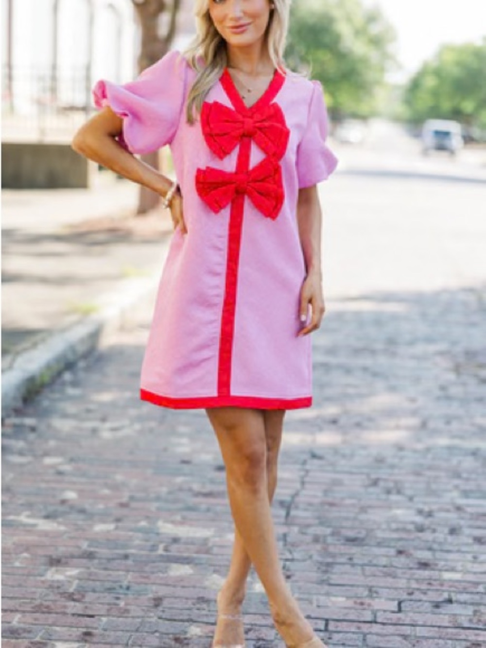 Pink Short Sleeve Shift Dress with Red Trim & Bows